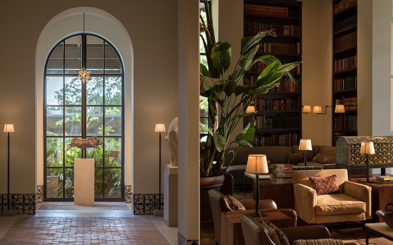 walls of books over ample seating, cozy accents and foliage seen through large windows