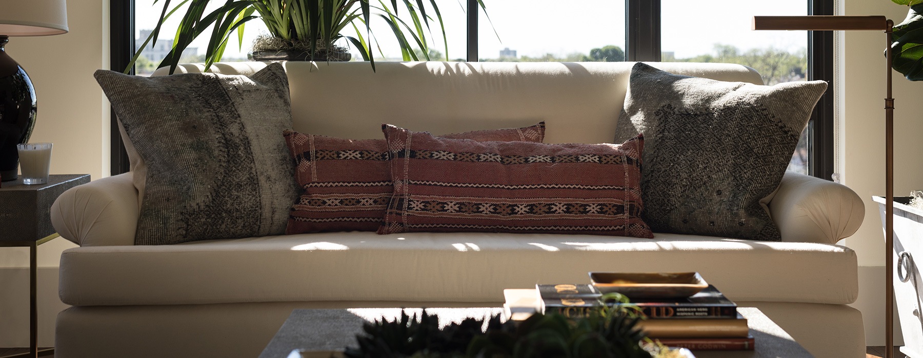 close-up of a couch and accent pillows